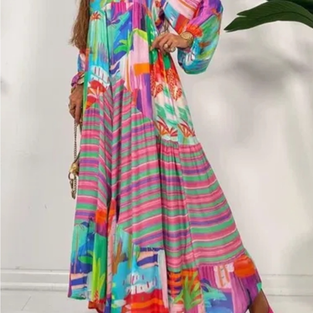 Loose V Neck Printed Long Sleeve Dress / Caftan